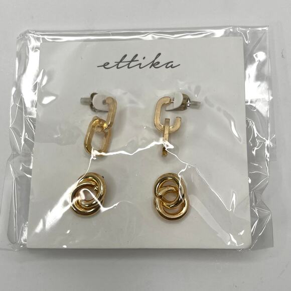 Ettika Fashion Jewelry 2 sets of Gold Pierced Earrings Circle Square GTE272 NWT - Picture 3 of 4